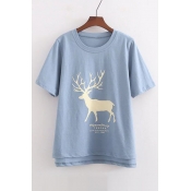 Summer's Deer Printed Round Neck Short Sleeve High Low Hem Pullover T-Shirt