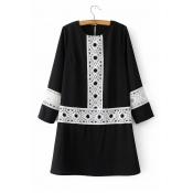 Round Neck Long Sleeve Lace Inserted Hollow Out Pullover Swing Dress
