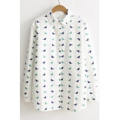 Lapel Collar Long Sleeve Birds Pattern Single Breasted Leisure Shirt