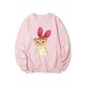 Lovely Cartoon Cat Printed Round Neck Long Sleeve Pullover Leisure Sweatshirt