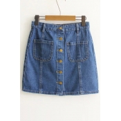 Summer's High Waist Buttons Down Mini A-Line Denim Skirt with Pockets