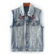Women's Bleached Fringe Trim Sleeveless Single Breasted Embroidery Floral Pattern Denim Vest