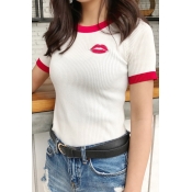 Women's Red Lips Embroidery Contrast Trim Short Sleeve Round Neck Sweater
