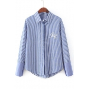 Striped Single Breasted Lapel Embroidery Letter High Low Hem Shirt