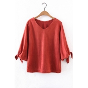 Women's Tied Cuffs V-Neck 3/4 Length Sleeve Solid Color T-Shirt