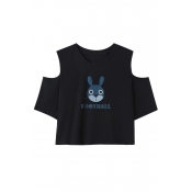Letter Rabbit Printed Round Neck Short Sleeve Cold Shoulder Cropped T-Shirt