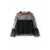 New Fashion Round Neck Bell Sleeve Sheer Mesh Patched Floral Embellished Blouse