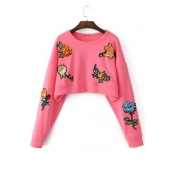 New Arrival Cropped Embroidery Floral Sequined Pullover Sweatshirt