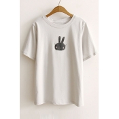 Lovely Rabbit Printed Round Neck Short Sleeve Cotton T-Shirt