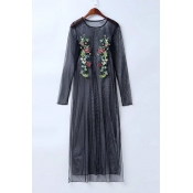 Sexy See Through Sheer Embroidery Floral Pattern Maxi T-Shirt Dress