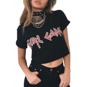 Fashion GIRL GANG Letter Printed Short Sleeve Round Neck Cropped Tee