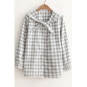 Bow Tie Collar Long Sleeve Classic Plaids Printed Buttons Down Shirt