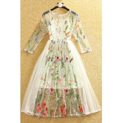 New Arrival Bohemia Stylish Embroidery Pattern Sheer 3/4 Length Sleeve Midi Dress with One Cami Inside