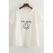 Funny Happy Face Letter Printed Round Neck Short Sleeve Simple Cotton Tee