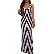Fashion Hollow Out Sides Split Hem Scoop Neck Sleeveless Striped Color Block Maxi Dress