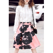 High Neck Long Sleeve New Fashion Top Water Ink Printed A-Line Skirt Set