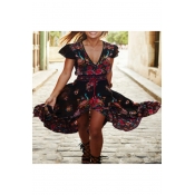 Fashion Plunge V-Neck Short Sleeve Floral Printed Drawstring Elastic Waist Maxi Dress