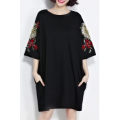 Floral Embroidered Round Neck Half Sleeve Oversize Casual T-Shirt Dress