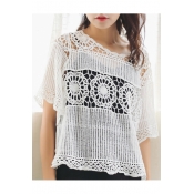 Round Neck Short Sleeve Summer's Plain Crochet Hollow Out Pullover Blouse