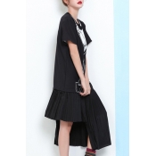 New Fashion Round Neck Short Sleeve Cartoon Printed Pleated Asymmetrical Maxi Dress