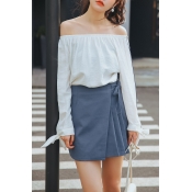 Off The Shoulder Long Sleeve Bow Cuff Plain Chiffon Pullover Blouse