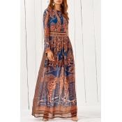 Fashion Tribal Printed Color Block Long Sleeve Round Neck Maxi Dress