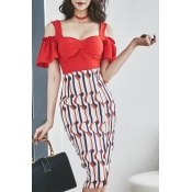 New Fashion Cold Shoulder Zip Back Top High Rise Striped Printed Slit Side Skirt Co-ords