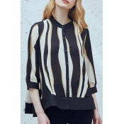 Fashion Single Breasted Striped Color Block 3/4 Length Sleeve Shirt