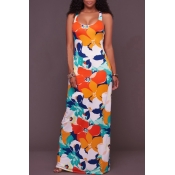Women's Scoop Neck Crisscross Back Floral Color Block Printed Sleeveless Maxi Dress