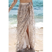 Sexy Split Front Sequined Mesh Maxi Skirt with Bow