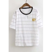 Cut Out Striped Printed Round Neck Short Sleeve Simple Basic Cotton T-Shirt