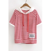 Color Block Hooded Striped Printed Short Sleeve Cotton Oversize T-Shirt