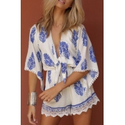 Sexy Plunge V-Neck Half Sleeve Lace Patchwork Color Bloc Printed Rompers