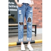 Fashion Stylish Fishnet Patched Ripped Straight Legs Capris Jeans
