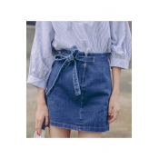 High Rise Bow Waist Zip Fly Plain Asymmetrical Hem Denim Mini Skirt