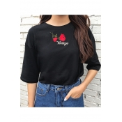 Fashion Vintage Floral Embroidered Half Sleeve Round Neck Casual Tee