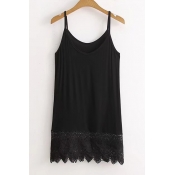 Summer's Basic Cotton Plain Casual Lace Inserted Hem Cami Top