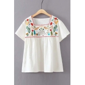 Square Neck Short Sleeve Floral Cartoon Embroidered Loose Peasant Blouse
