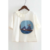 Round Neck Short Sleeve Funny Retro Cartoon Printed Pullover Blouse