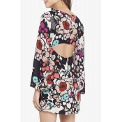 Cut Out Back Round Neck Long Sleeve Retro Floral Printed Mini Pencil Dress