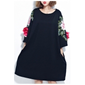 New Fashion Round Neck Half Sleeve Floral Embroidered Oversize Cotton Mini T-Shirt Dress