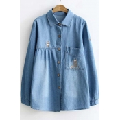 Cartoon Cat Embroidered Lapel Collar Long Sleeve Buttons Down Chambray Shirt with One Pocket
