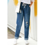 Elastic Drawstring Waist Lovely Cartoon Cat Embroidered Leisure Jeans