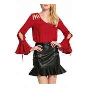 New Fashion V Neck Bell Sleeve Hollow Out Shoulder Chiffon Pullover Plain Blouse