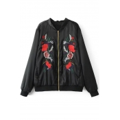 Floral Embroidered Stand Up Collar Long Sleeve Baseball Jacket