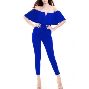 Sexy Off the Shoulder Ruffle Front Short Sleeve Plain Ankle Jumpsuits