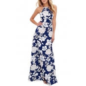Glamorous Sleeveless Halter Floral Printed Zip Back Maxi A-Line Dress