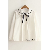 Cute Embroidery Cat Pattern Lapel Single Breasted Button Down Shirt