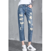 New Fashion Ripped Plain Casual Leisure Straight Legs Capris Jeans