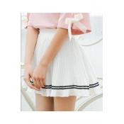 Summer's Elastic Waist Contrast Striped Printed A-Line Mini Pleated Skirt